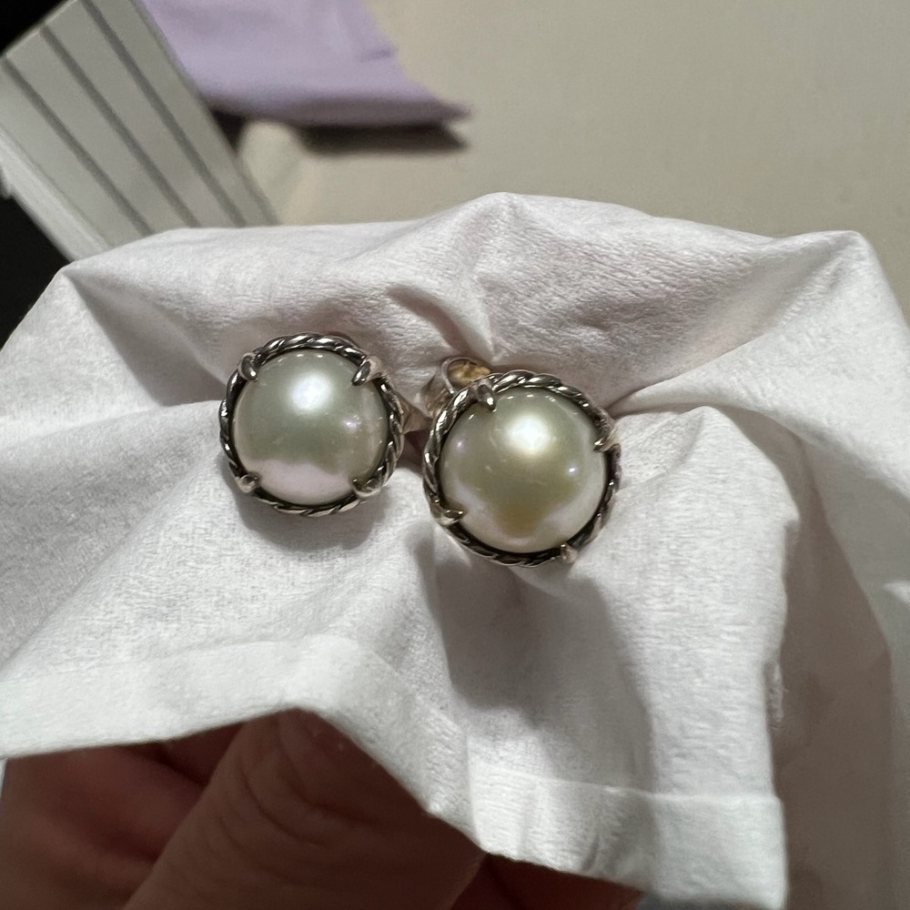 David Yurman White Pearl Cable-Set Stud Earrings